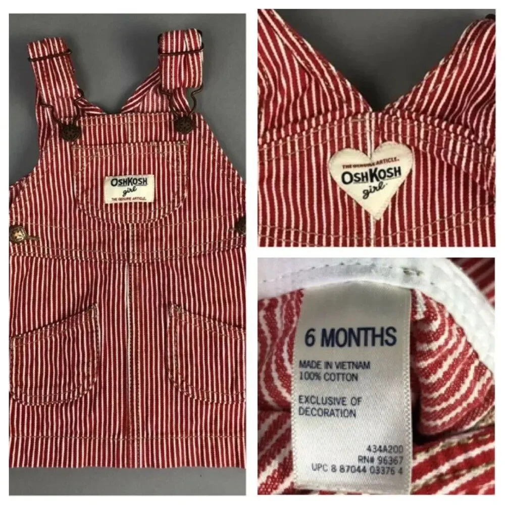 OshKosh Vestbak Dress BiBs Girl 6 Month Overall Red Pinstripe Railroad Conductor